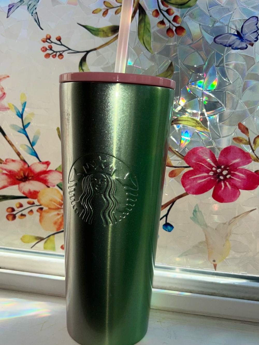 Starbucks Metallic Green Tumbler with Iridescent Pink Base